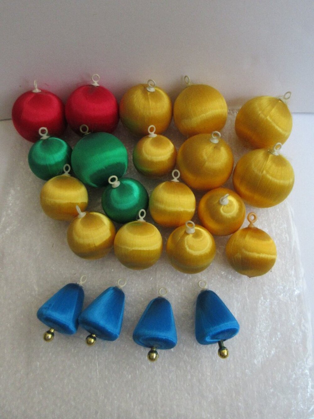 22 Pyramid Satin Sheen Ornaments, 4 Blue Bells 2" & 18 Balls 1.75"- 2" Vintage